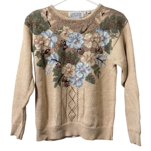 JANTZEN Petite Hand Embroidered Floral Sweater Size Small Floral Grandmacore - Picture 1 of 11